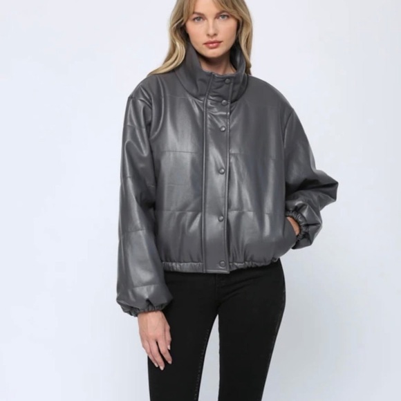 NWT- Faux Leather Puffer Bomber Jacket - Picture 1 of 5